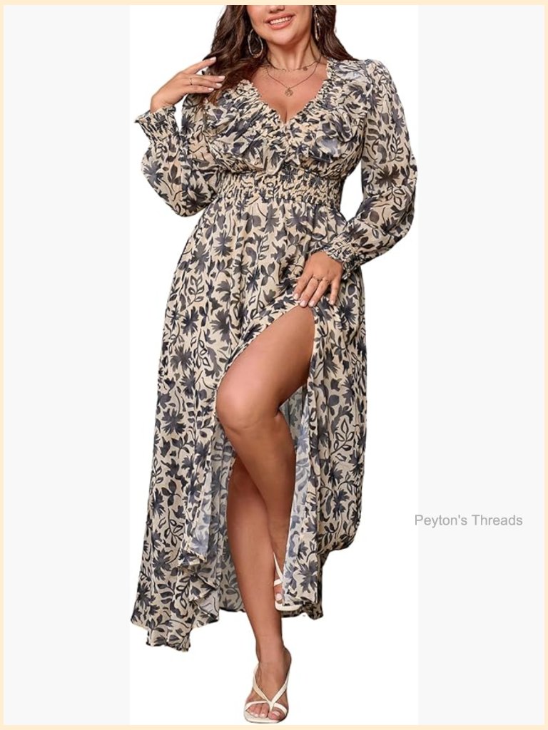 V Neck Floral Long Sleeve Maxi Dress With Slit, Stretchy Chiffon For Curvy